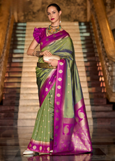 Green Banarasi Silk Saree with Magenta Zari Border