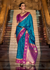 Teal Banarasi Silk Saree with Magenta Zari Border