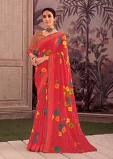 Coral Red Georgette Shimmer Saree with Multicolor Prints