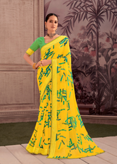 Yellow Georgette Shimmer Saree with Green Abstract Print