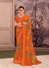 Orange Georgette Shimmer Saree with Multicolor Cube Print
