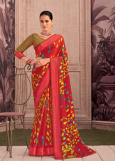 Red Georgette Shimmer Saree with Vibrant Leaf Motifs