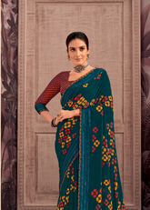 Teal Georgette Shimmer Saree with Yellow & Red Motifs