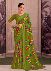 Green Georgette Shimmer Saree with Multicolor Abstract Prints