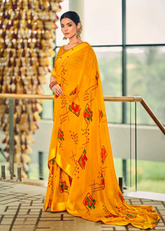 Bright Yellow Georgette Shimmer Saree with Print