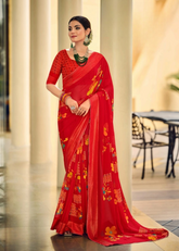Red Georgette Shimmer Saree with Bold Digital Prints