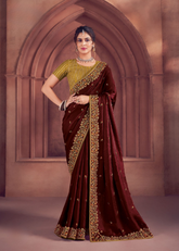 Maroon Bridal Organza Saree with Embroidery Border