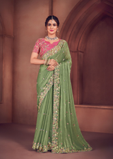 Sage Green Organza Saree with Embroidery Detailing