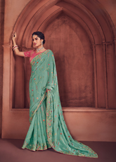 Sage Green Organza Saree with Floral Embroidery Work