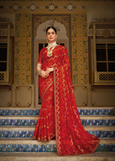 Red Georgette Saree with Gold Chevron Print & Embellished Border
