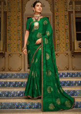 Green Printed Georgette Saree with Gold Motif Work