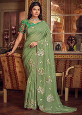 Pastel Green Shimmer Chiffon Saree with Floral Embroidery