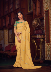Mustard Yellow Shimmer Chiffon Saree with Embroidery