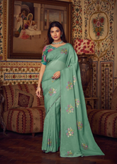 Mint Green Shimmer Chiffon Saree with Floral Embroidery