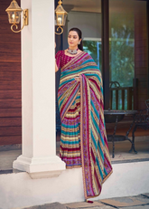 Teal & Magenta Printed Saree with Embroidery Border