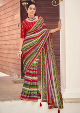 Red & Green Foil Print Saree with Embroidery Border