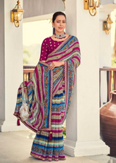 Pink & Blue Foil Print Saree with Embroidered Border