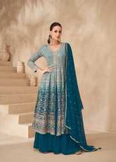 Teal Blue Embroidered Georgette Sharara Set