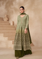 Olive Green Embroidered Georgette Sharara Set