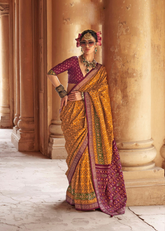 Mustard Yellow Patola Saree in PV Silk with Stud Work