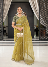 Olive Gold Organza Saree with Embroidered Belt Detail