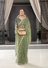 Sage Green Organza Saree with Delicate Lace Work