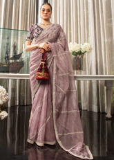 Soft Mauve Organza Saree with Silver Border & Blouse