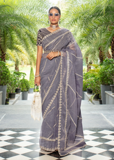 Slate Grey Organza Saree with Heavy Embroidered Border