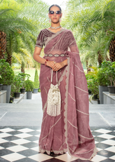 Dusty Rose Embroidered Organza Saree with Designer Belt