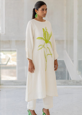 White A-Line Cotton Kurta Set with Green Embroidery