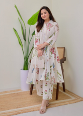 Floral Cotton A-Line Kurti Set with Lace Work