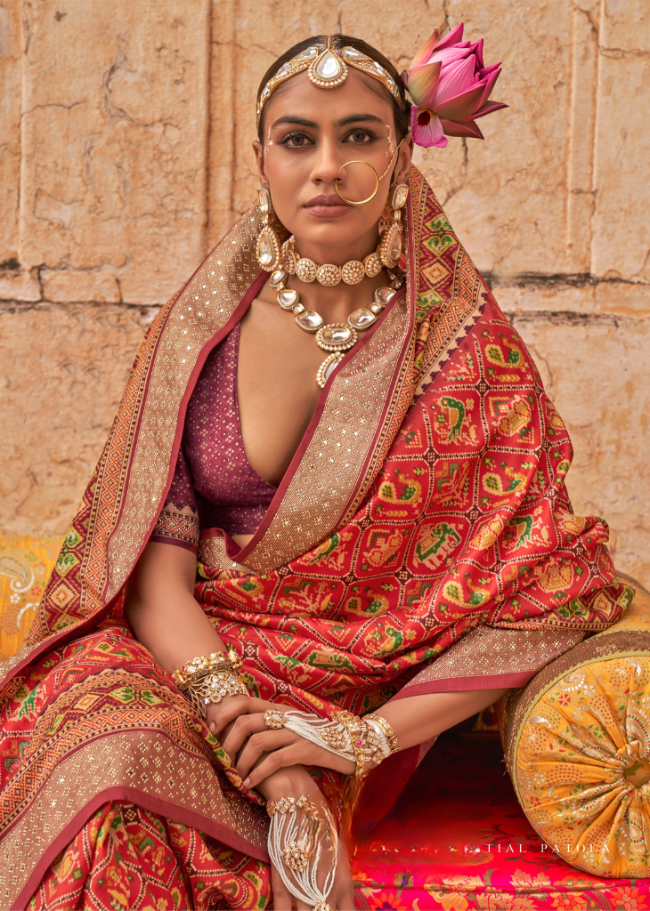 Red Royal Patola Saree with Stud & Dew Drop Work