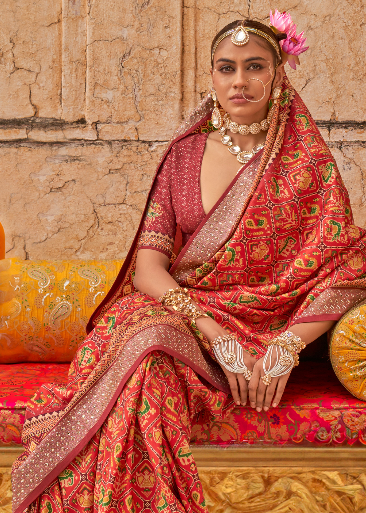 Red Royal Patola Saree with Stud & Dew Drop Work