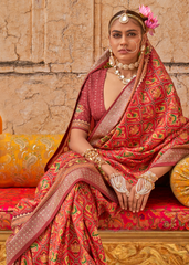 Red Royal Patola Saree with Stud & Dew Drop Work
