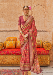 Red Royal Patola Saree with Stud & Dew Drop Work