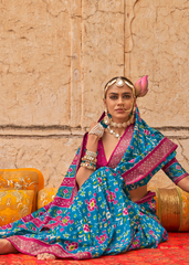 Blue Royal Patola Saree with Maroon Border & Stud Work