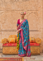 Blue Royal Patola Saree with Maroon Border & Stud Work