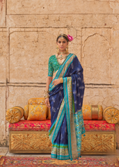Navy Patola Saree with Blue Border & Stud Detailing