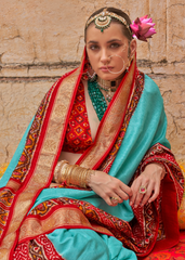 Aqua Patola Saree in Poly Silk with Red Print