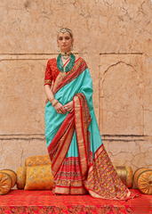 Aqua Patola Saree in Poly Silk with Red Print