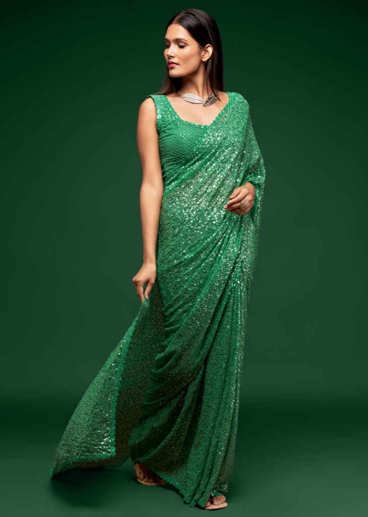 Pista Green Georgette Saree with Sequins & Thread Embroidery