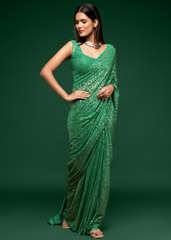 Pista Green Georgette Saree with Sequins & Thread Embroidery