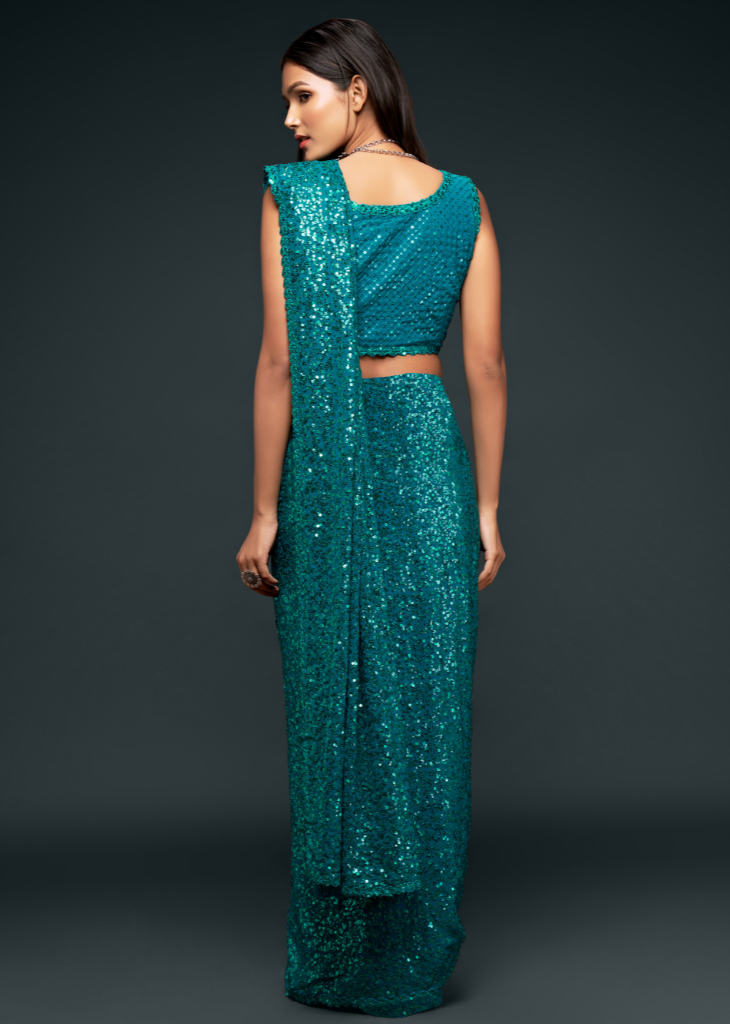 Teal Blue Georgette Saree with Sequins & Thread Embroidery