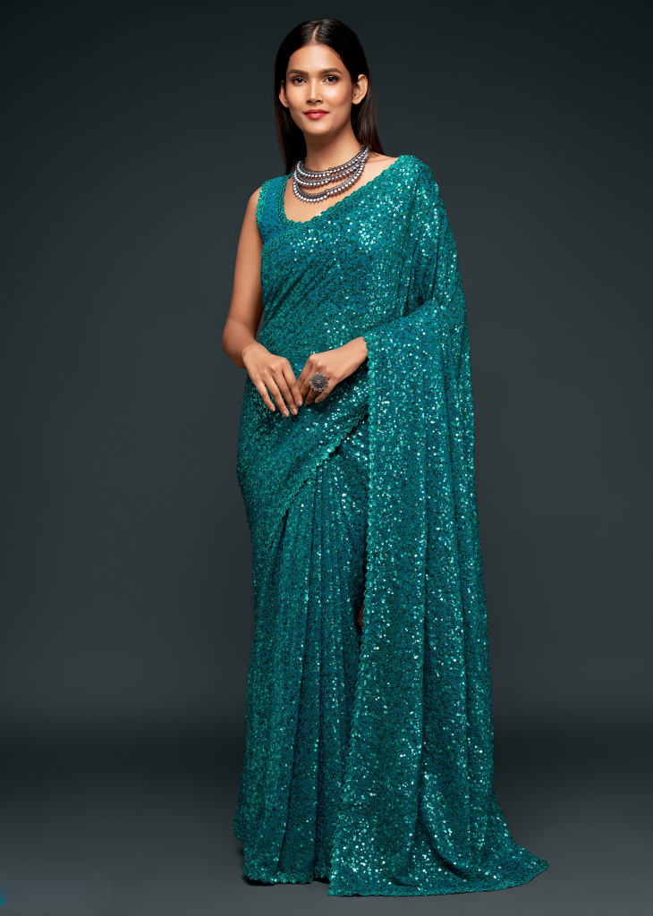 Teal Blue Georgette Saree with Sequins & Thread Embroidery