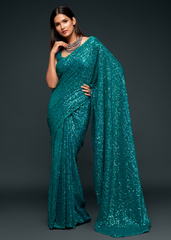 Teal Blue Georgette Saree with Sequins & Thread Embroidery