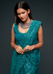 Teal Blue Georgette Saree with Sequins & Thread Embroidery
