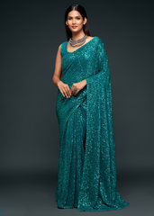 Teal Blue Georgette Saree with Sequins & Thread Embroidery