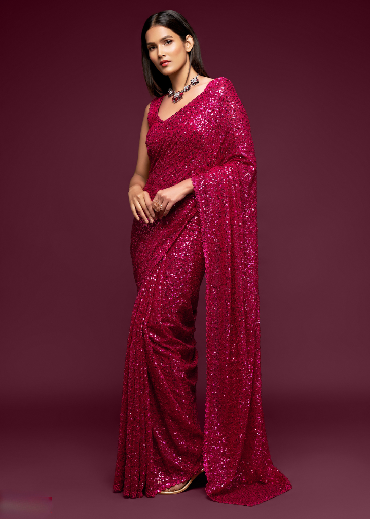 Pink Georgette Saree with Sequins & Thread Embroidery