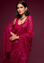 Pink Georgette Saree with Sequins & Thread Embroidery