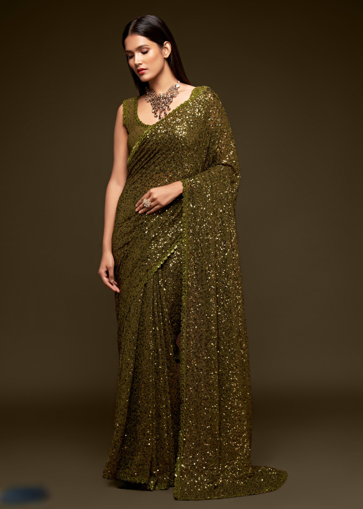 Brown Georgette Saree with Sequins & Thread Embroidery